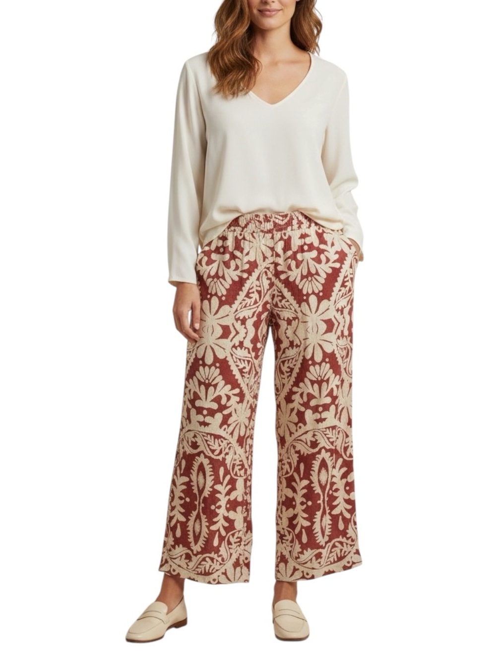 RACHEL ZOE Wide Leg Printed Palazzo Pants in Cream / Brown Size M -- NWT!!!